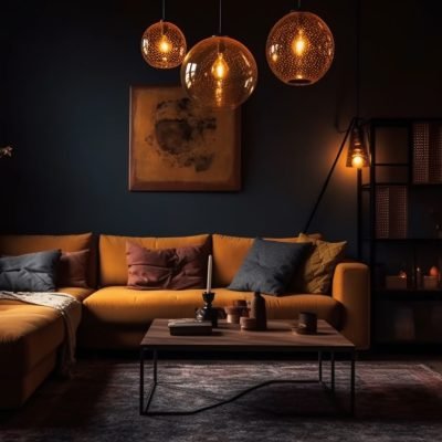Luxury modern living room illuminated by lighting equipment generated by artificial intelligence